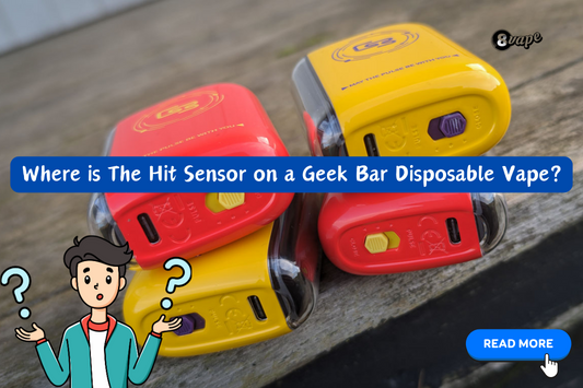 A close-up of red and yellow Geek Bar disposable vapes with a question about the location of the hit sensor